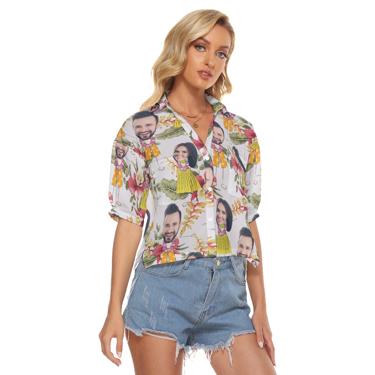 Cute Couple Custom Face Floral Hawaiian Crop Top Shirt For Women
