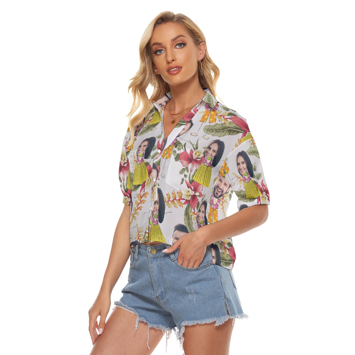 Cute Couple Custom Face Floral Hawaiian Crop Top Shirt For Women
