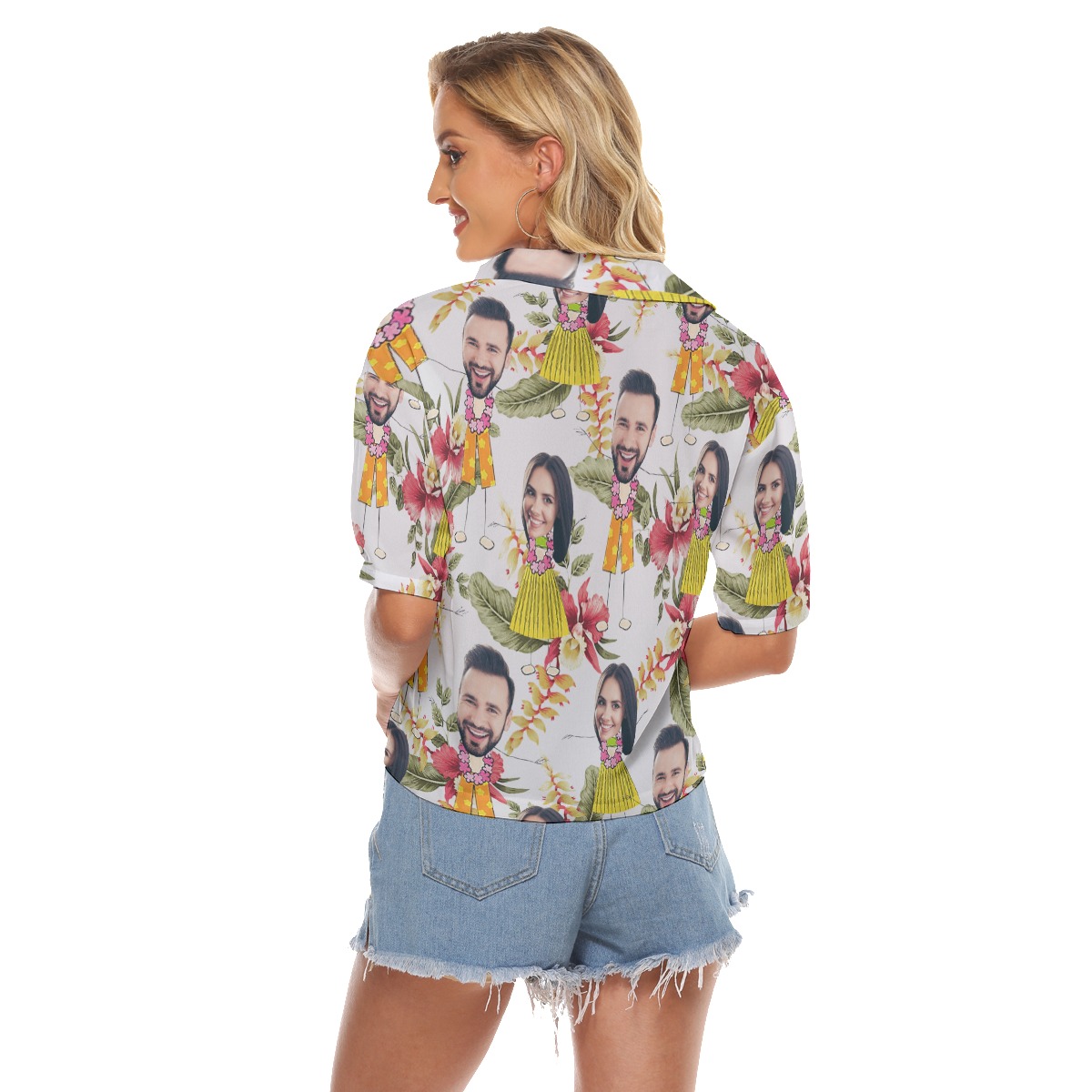 Cute Couple Custom Face Floral Hawaiian Crop Top Shirt For Women