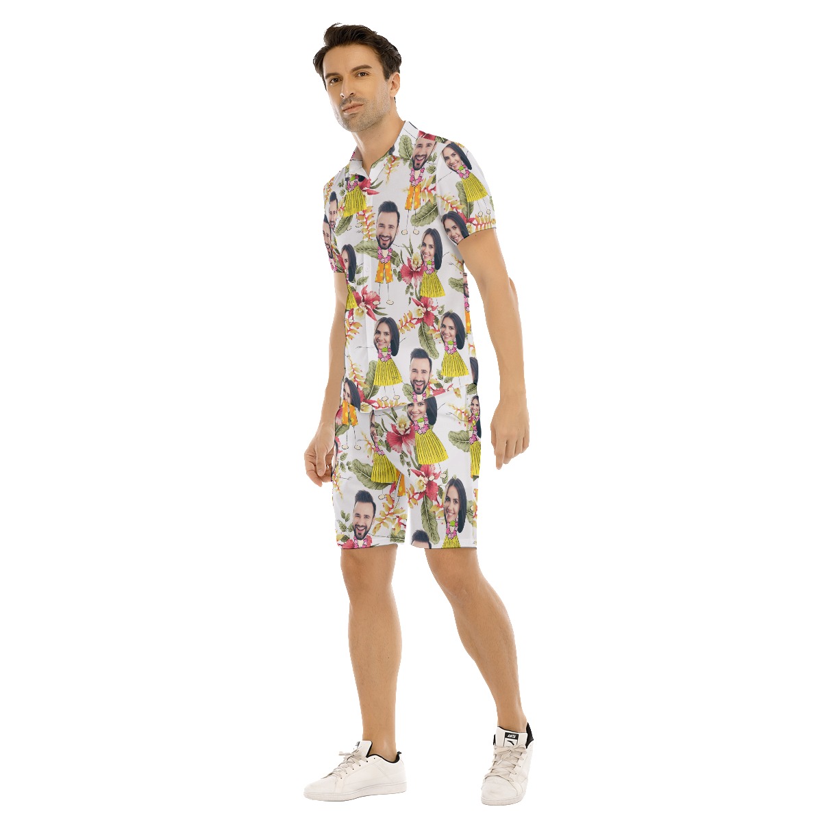 Funny Couple Custom Face Floral Hawaiian Shirt And Shorts For Men