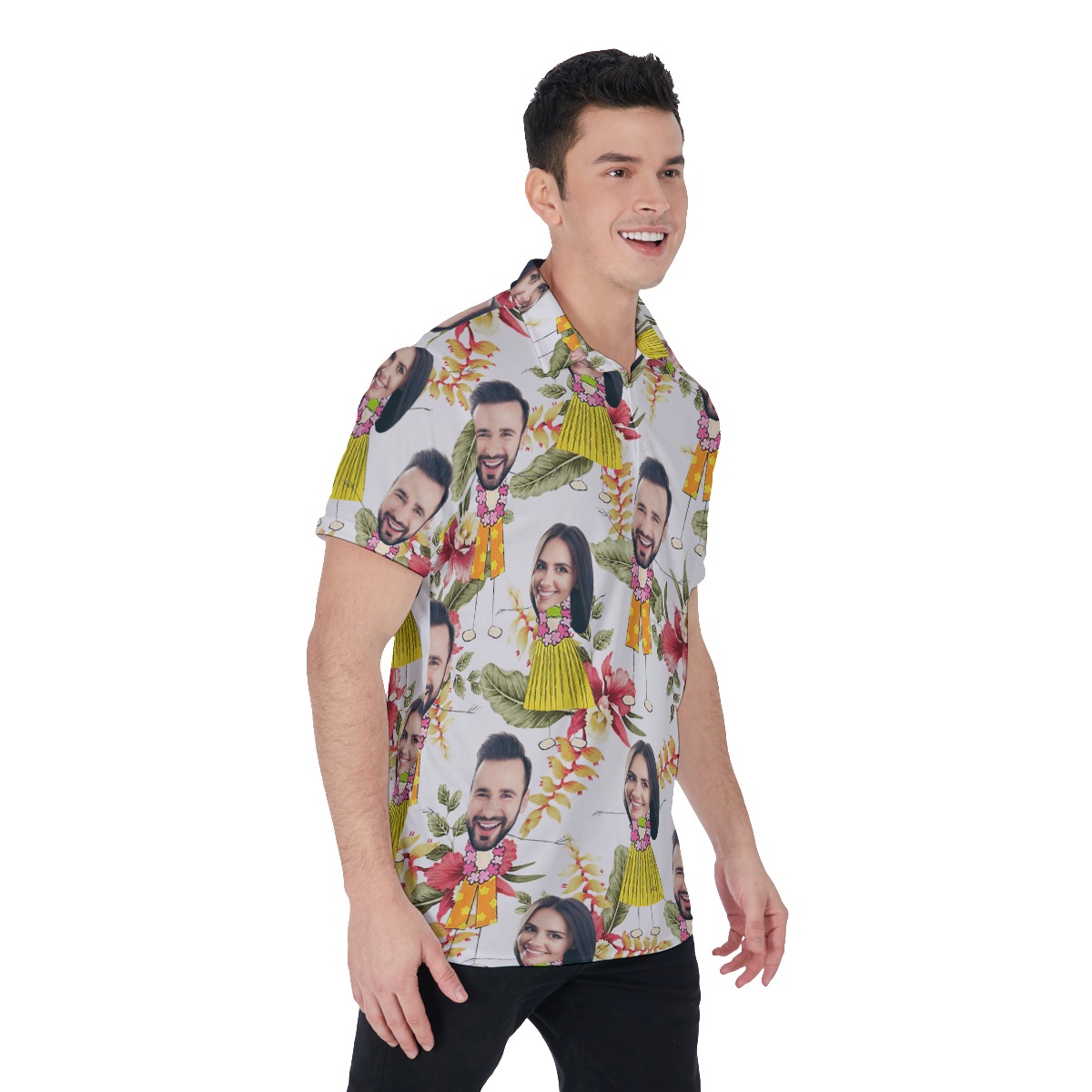 Couple Custom Face Floral Hawaiian Polo Shirt For Men