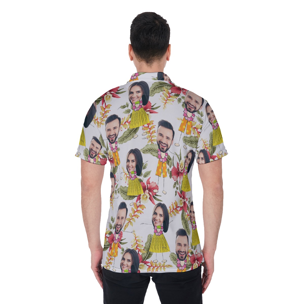 Couple Custom Face Floral Hawaiian Polo Shirt For Men