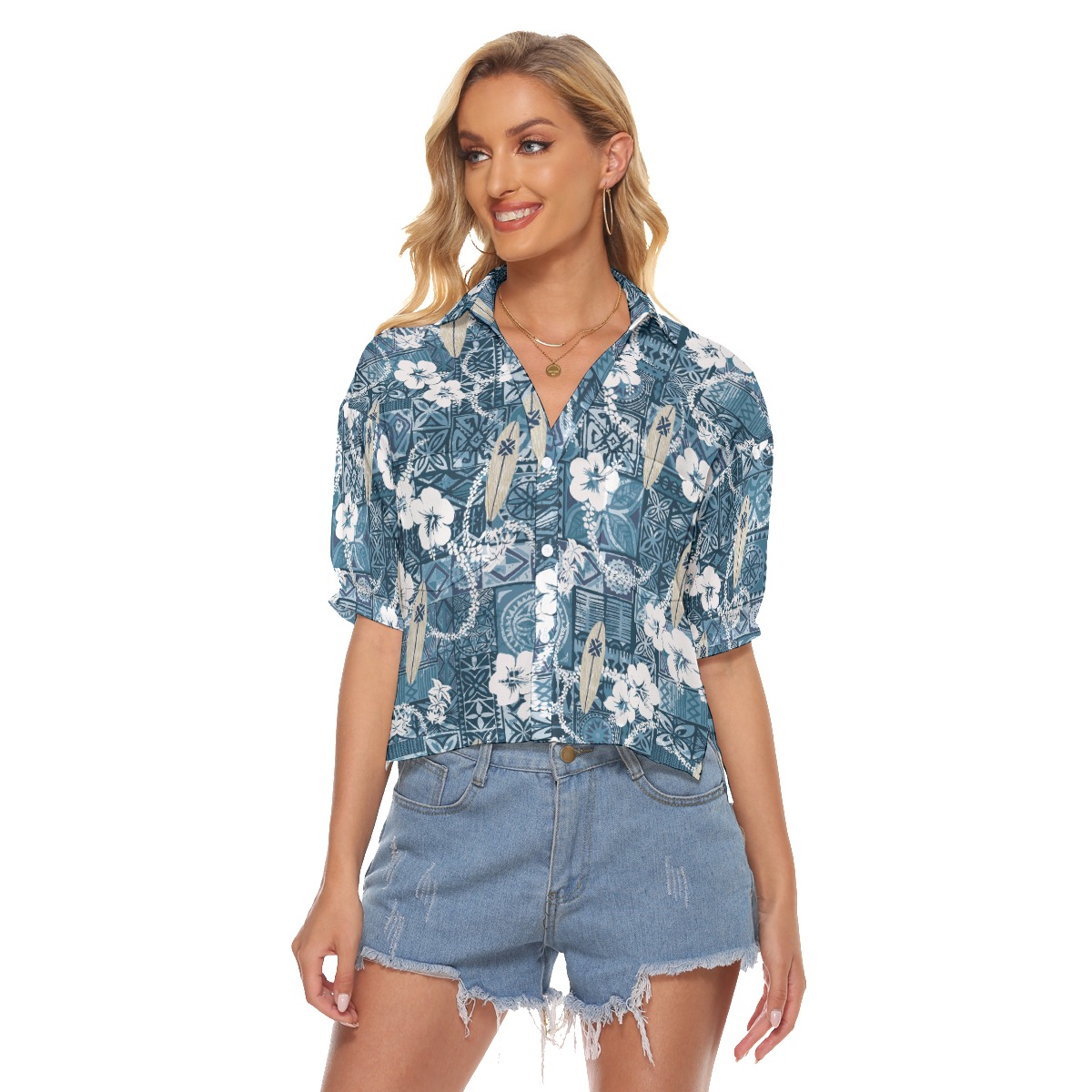 Vintage Surfing Board Hawaiian Crop Top Shirt For Women - variant image 1