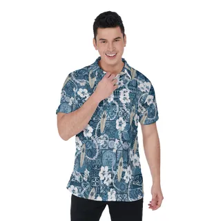 Floral Surfing Board Vintage Hawaiian Polo Shirt