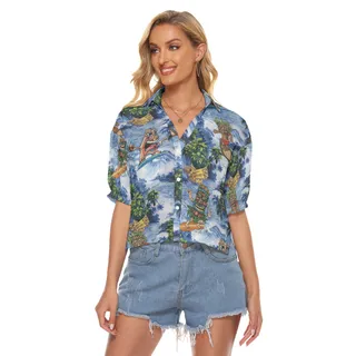 Funny Tiki Surfing Hawaiian Crop Top Shirt For Women