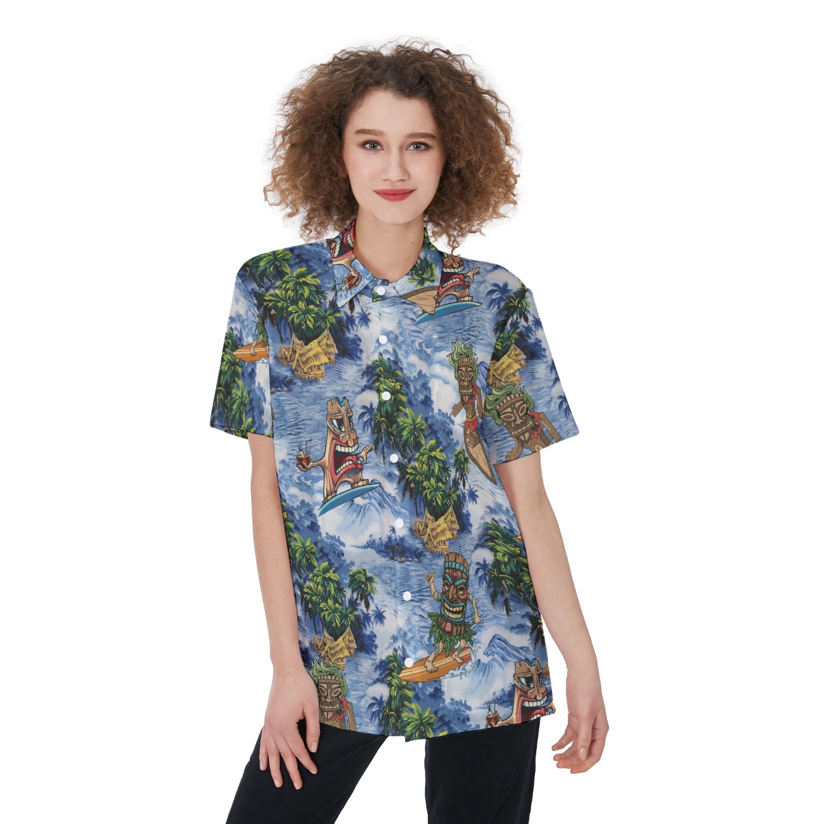 Cute Tiki Surfing Tropical Hawaiian Button Up Shirt For Women - variant image 1
