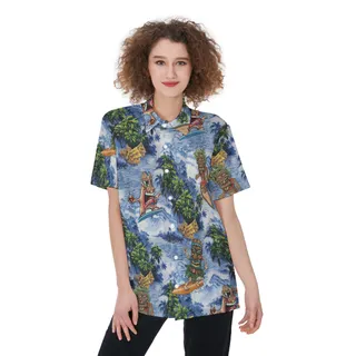 Cute Tiki Surfing Tropical Hawaiian Button Up Shirt For Women