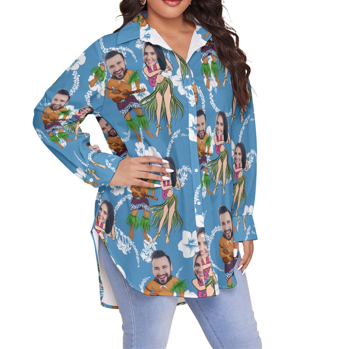 Funny Couple Custom Face Hawaiian Plus Size Shirt