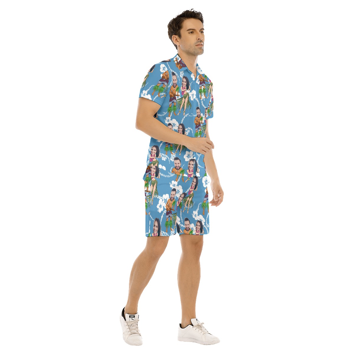 Unique Couple Custom Face Hula Hawaiian Shirt And Shorts For Men