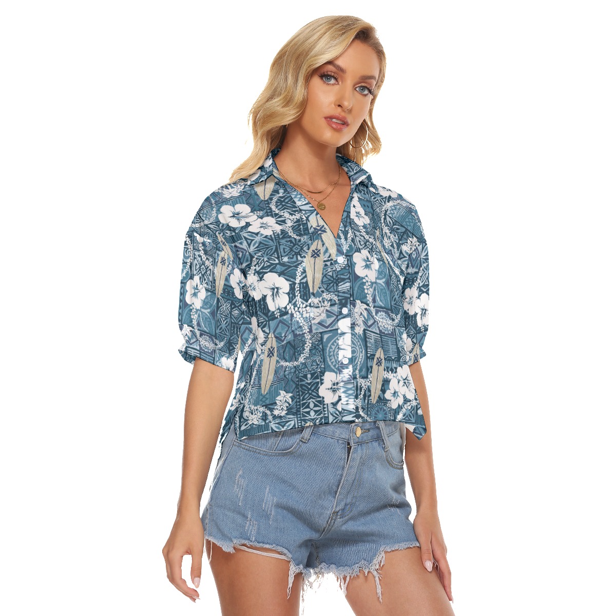 Vintage Surfing Board Hawaiian Crop Top Shirt For Women