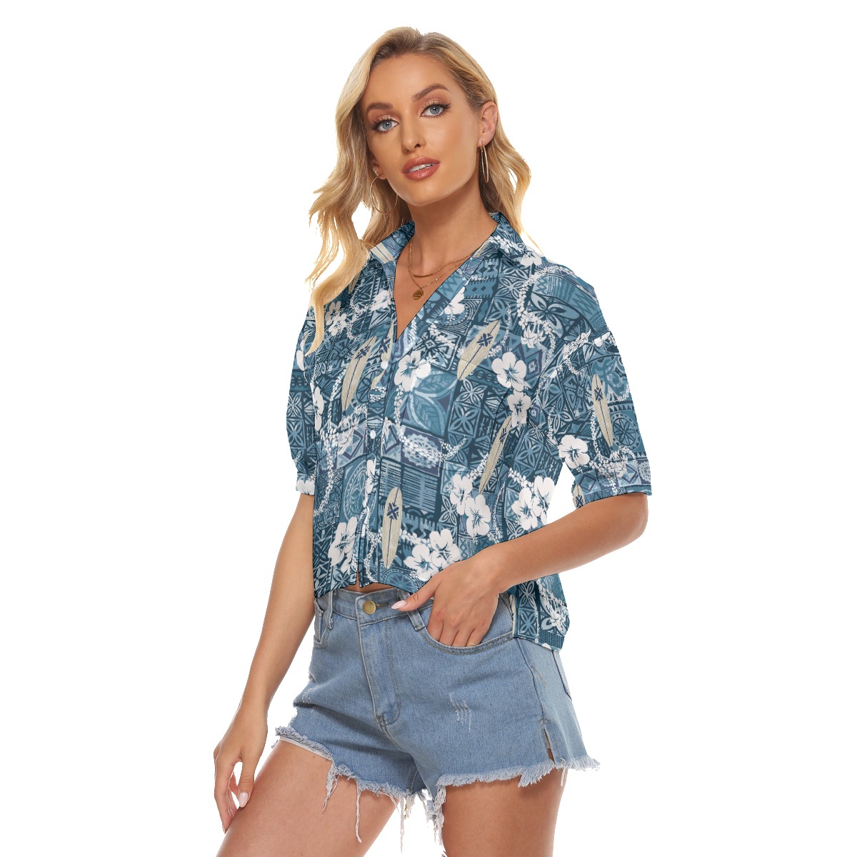 Vintage Surfing Board Hawaiian Crop Top Shirt For Women