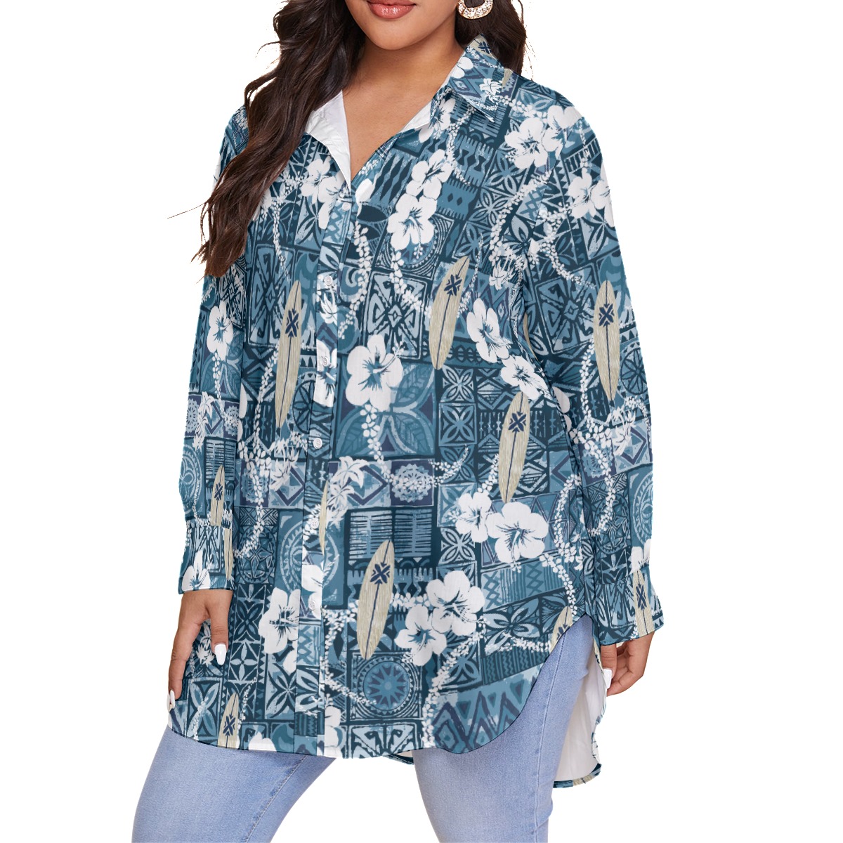 Floral Surfing Board Vintage Plus Size Hawaiian Shirt For Women