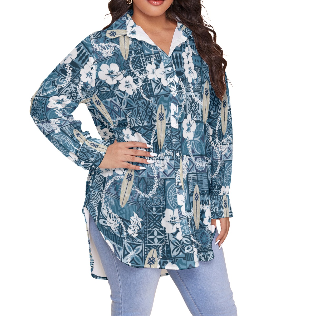 Floral Surfing Board Vintage Plus Size Hawaiian Shirt For Women