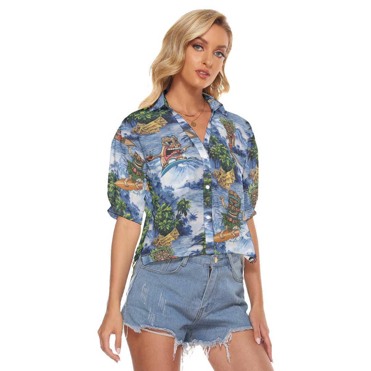 Funny Tiki Surfing Hawaiian Crop Top Shirt For Women