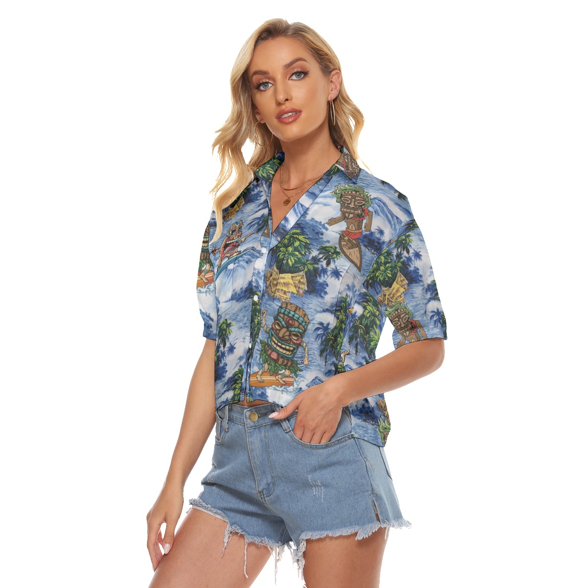 Funny Tiki Surfing Hawaiian Crop Top Shirt For Women