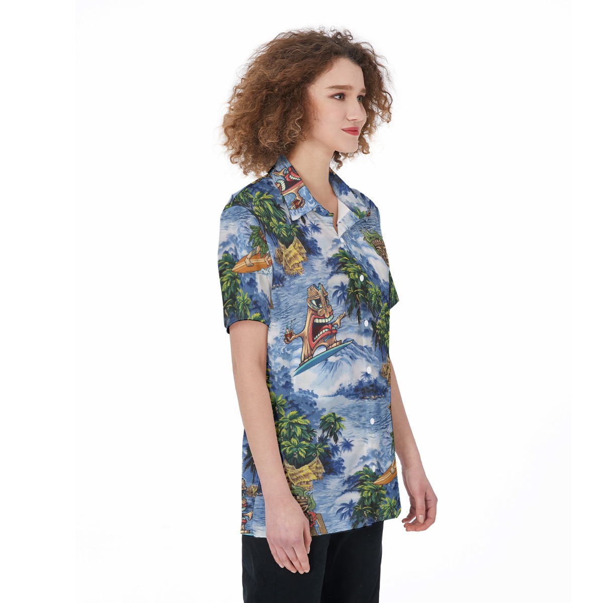 Cute Tiki Surfing Tropical Hawaiian Button Up Shirt For Women