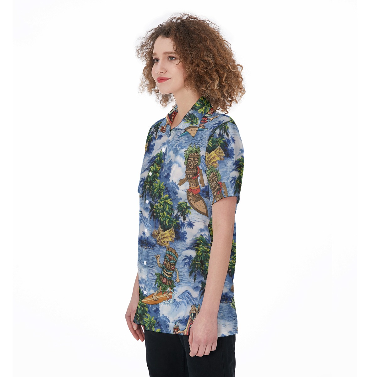 Cute Tiki Surfing Tropical Hawaiian Button Up Shirt For Women