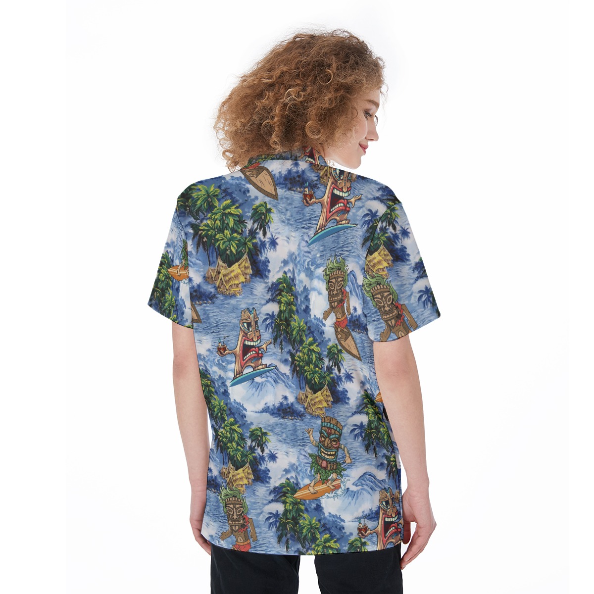 Cute Tiki Surfing Tropical Hawaiian Button Up Shirt For Women