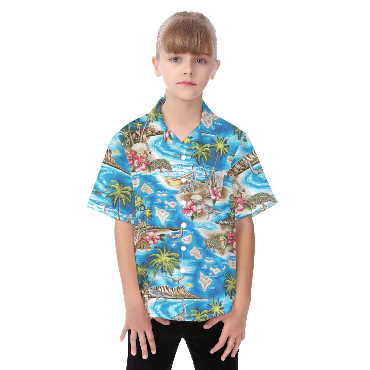 Cute Dinosaur Tropical Hawaiian Button Up Shirt For Kids - variant image 1