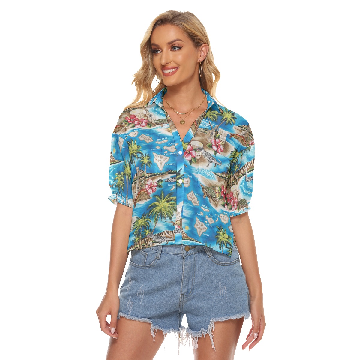 Tropical Dinosaur Hawaiian Crop Top Shirt For Women - variant image 1
