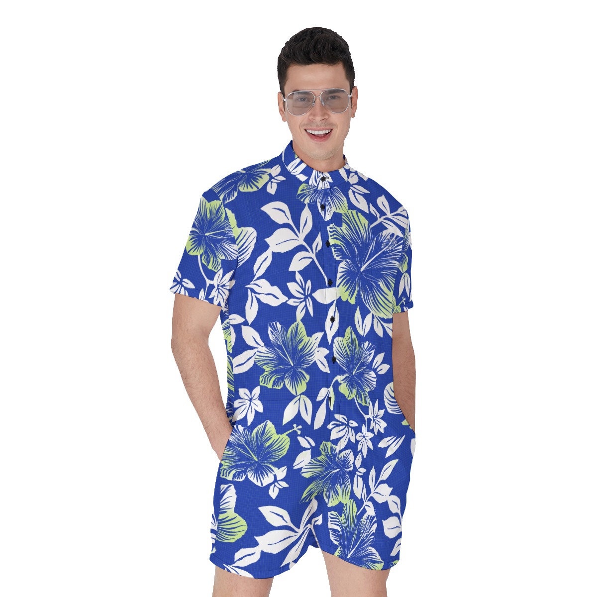 Hibiscus Floral Blue Men's Hawaiian Romper - variant image 1