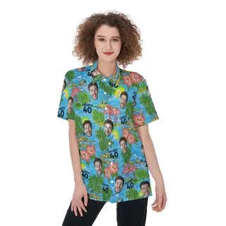 Custom Face and Age Birthday Button Up Shirt for Women