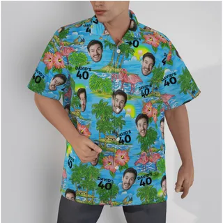 Custom Face and Age Button Up Birthday Shirt with Tropical Flamingo Forest