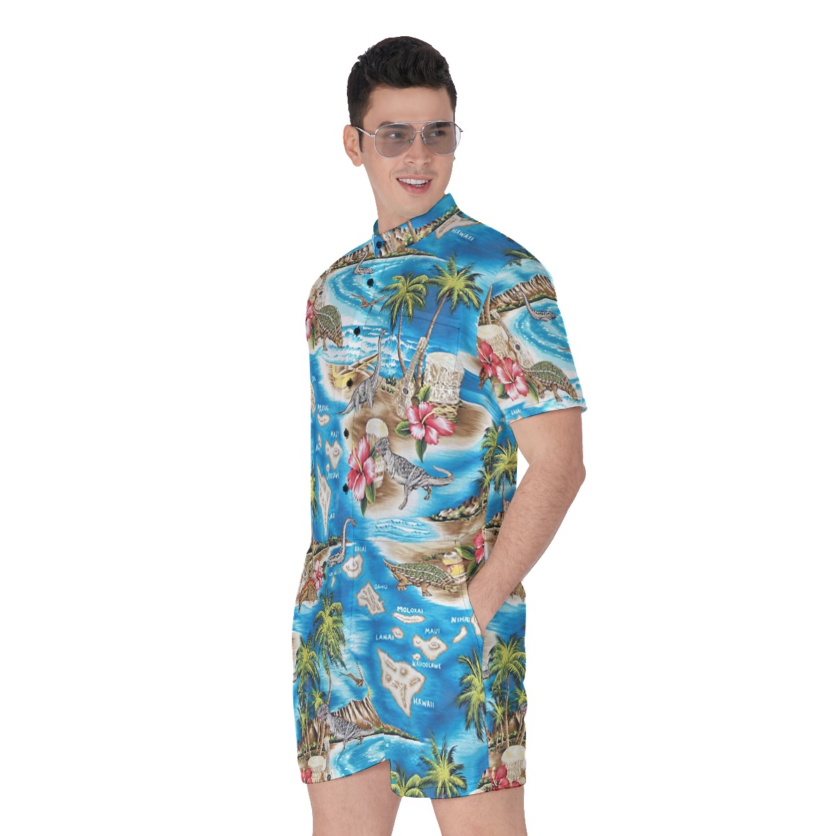 Dinosaur Tropical Beach Hawaiian Romper For Men