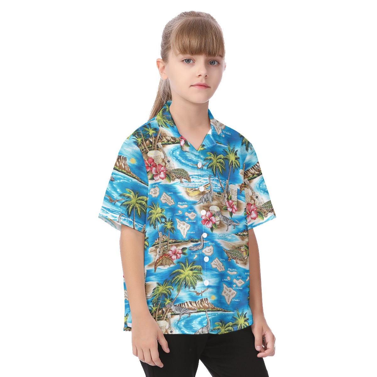 Cute Dinosaur Tropical Hawaiian Button Up Shirt For Kids