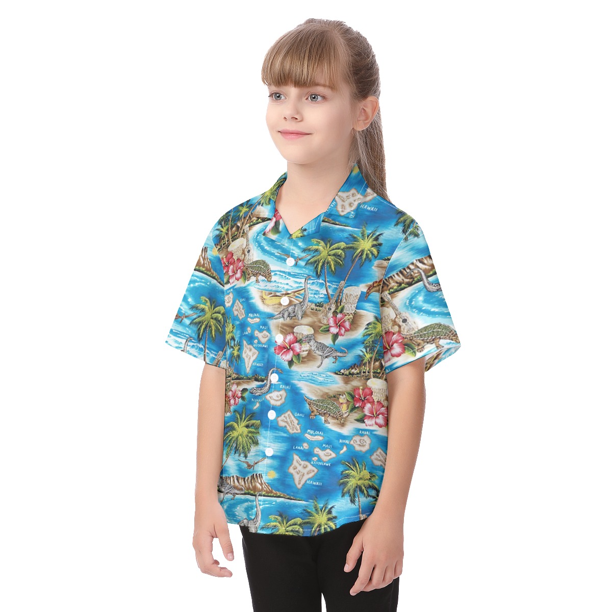 Cute Dinosaur Tropical Hawaiian Button Up Shirt For Kids