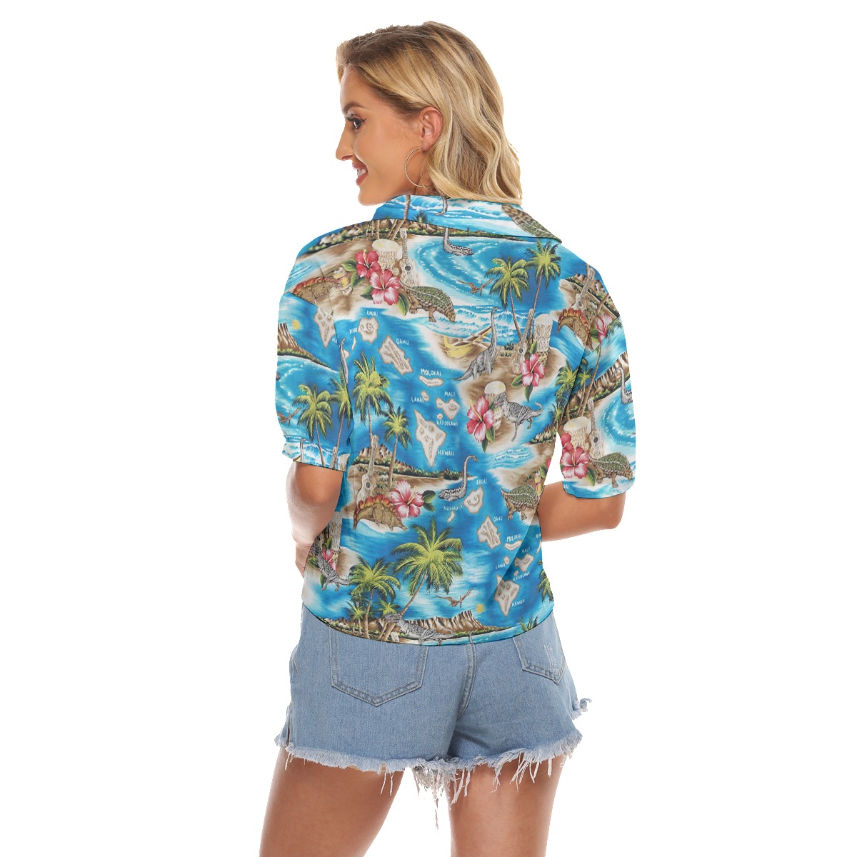 Tropical Dinosaur Hawaiian Crop Top Shirt For Women