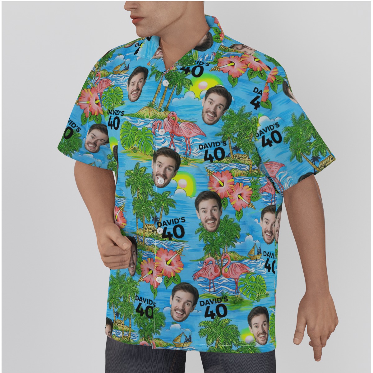 Custom Face and Age Button Up Birthday Shirt with Tropical Flamingo Forest
