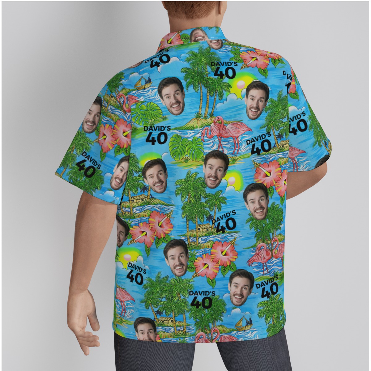 Custom Face and Age Button Up Birthday Shirt with Tropical Flamingo Forest