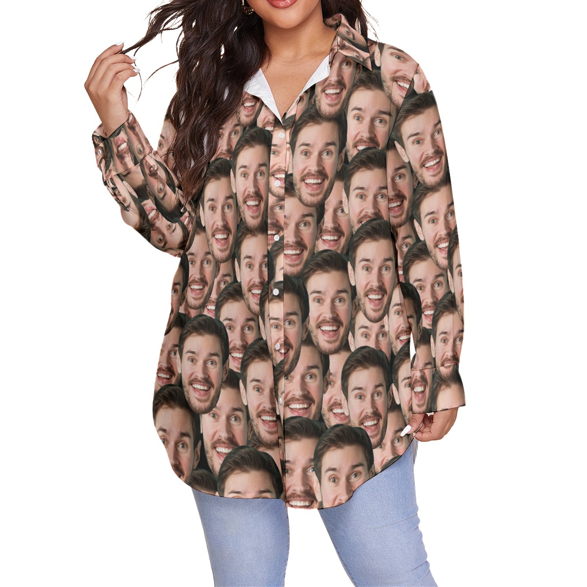 Funny Custom Face Plus Size Long Sleeve Hawaiian Shirt For Women - variant image 1