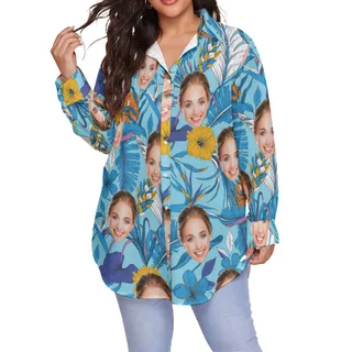 Custom Face Blue Plus Size Hawaiian Shirt For Women