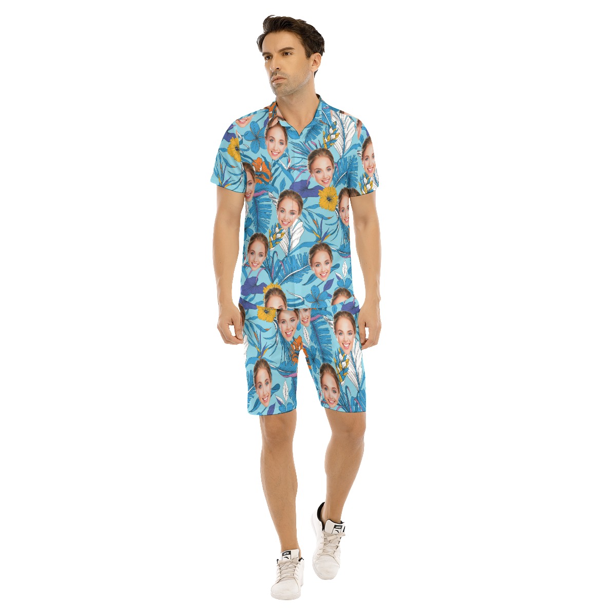 Cool Custom Face Tropical Leaves Men's Shirt And Shorts - variant image 1