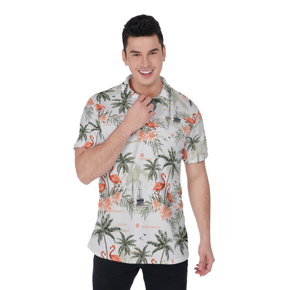 Flamingo Palm Tree Men's Hawaiian Polo - variant image 1