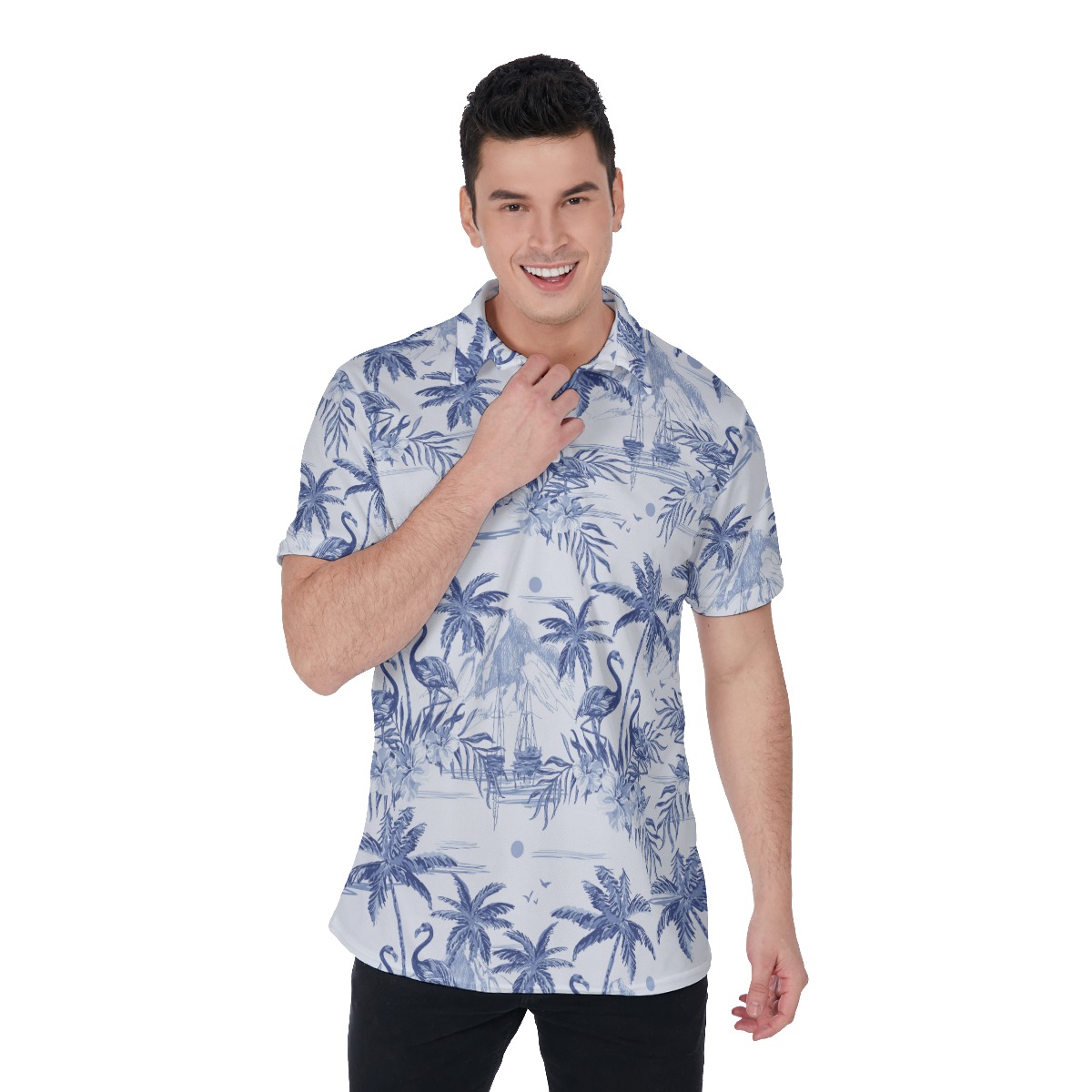 Flamingo Beach Sketch Hawaiian Men's Polo Shirt - variant image 1