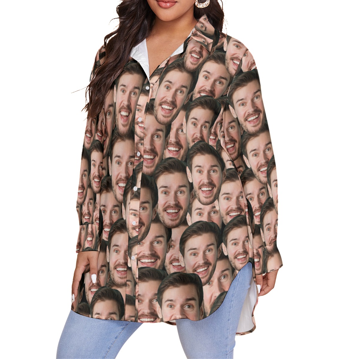 Funny Custom Face Plus Size Long Sleeve Hawaiian Shirt For Women