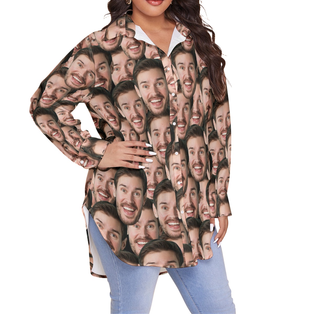 Funny Custom Face Plus Size Long Sleeve Hawaiian Shirt For Women
