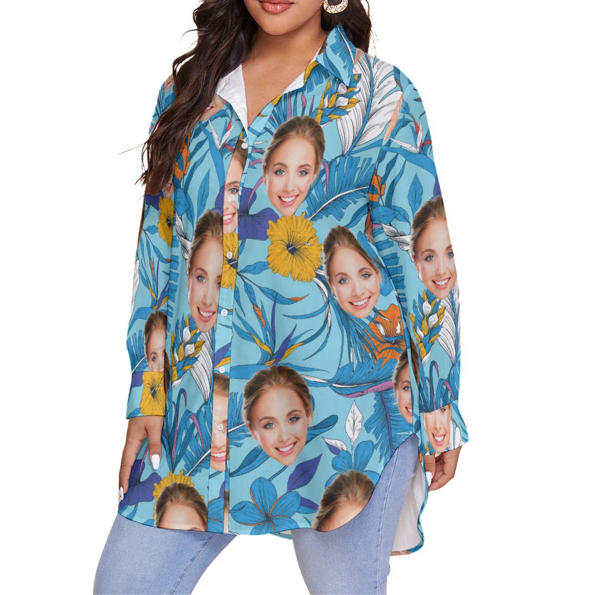 Custom Face Blue Plus Size Hawaiian Shirt For Women