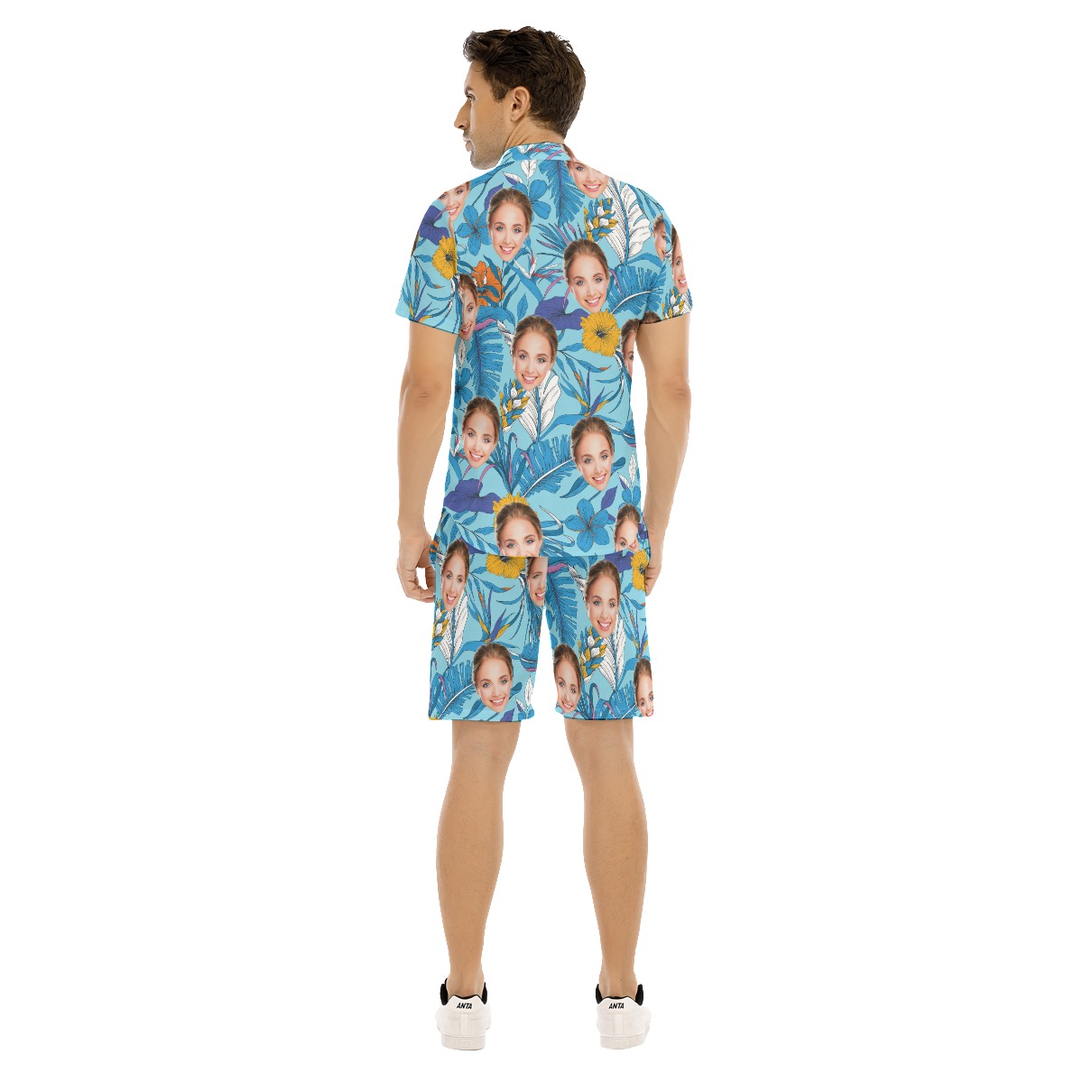 Cool Custom Face Tropical Leaves Men's Shirt And Shorts