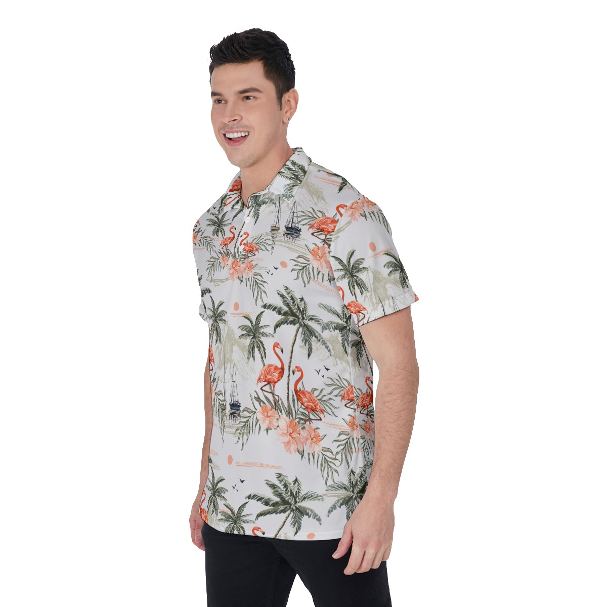 Flamingo Palm Tree Men's Hawaiian Polo
