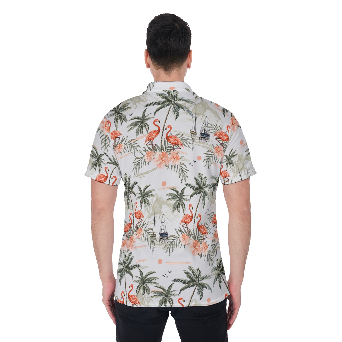 Flamingo Palm Tree Men's Hawaiian Polo