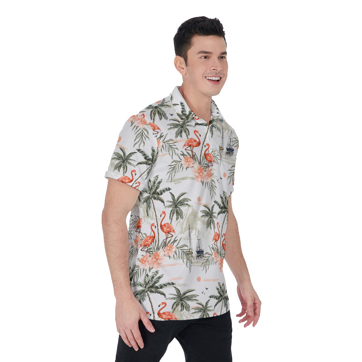 Flamingo Palm Tree Men's Hawaiian Polo