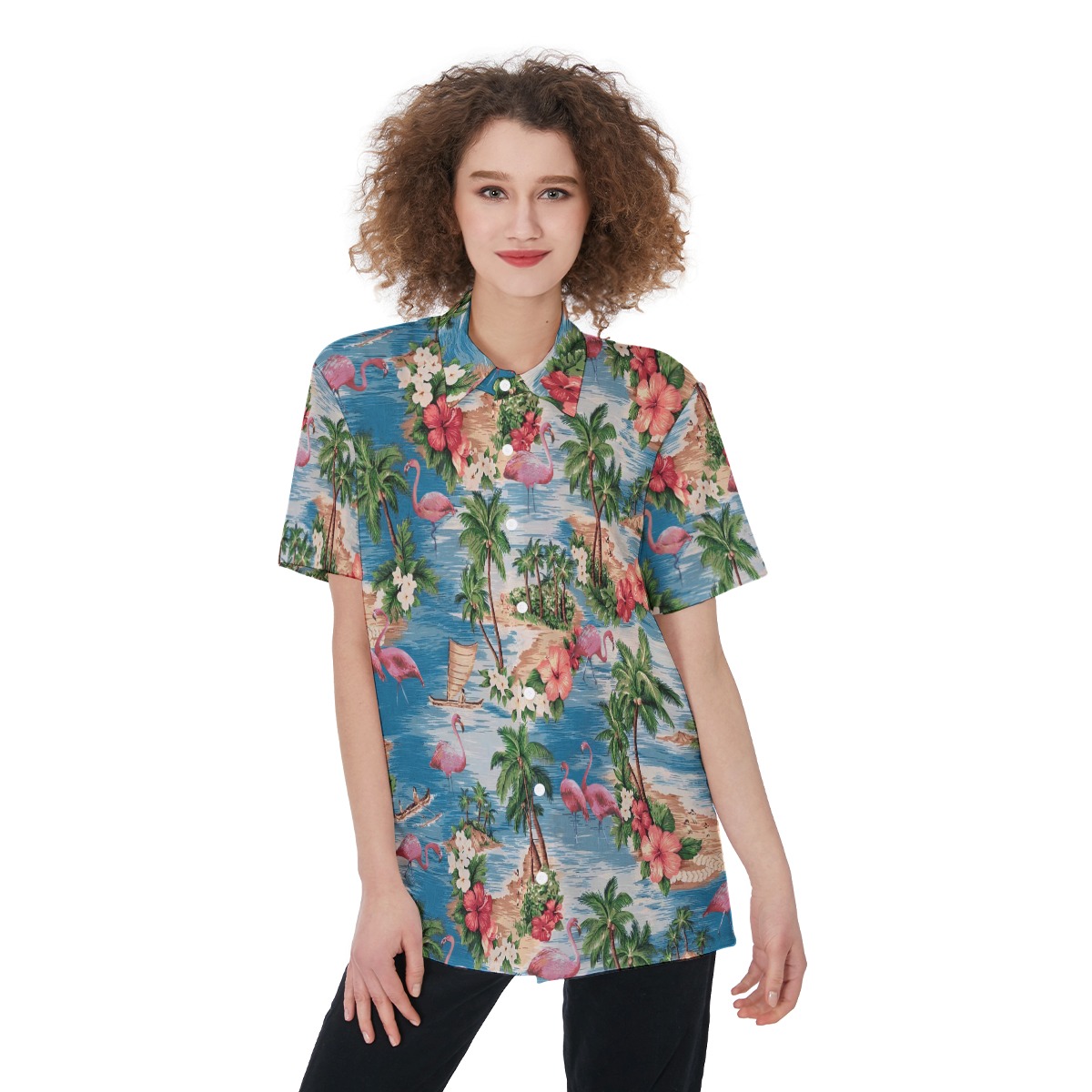 Tropical Flamingo Hawaiian Short Sleeve Shirt For Women - variant image 1