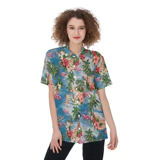 Tropical Flamingo Hawaiian Short Sleeve Shirt For Women