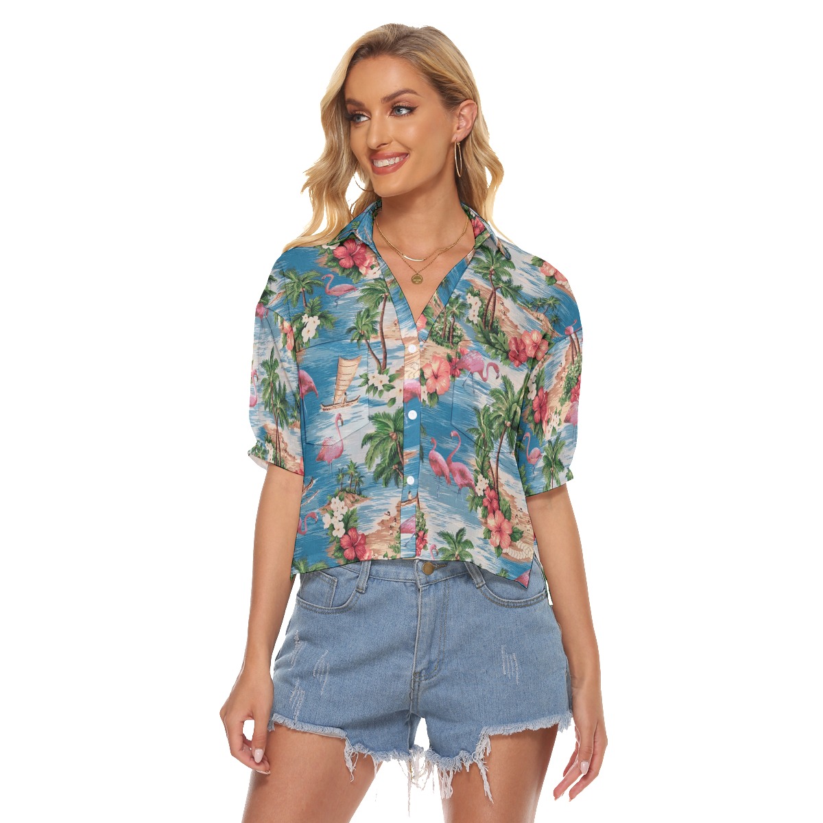 Tropical Flamingo Hawaiian Summer Crop Top Shirt For Women - variant image 1