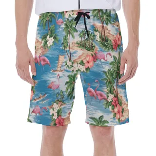 Pink Flamingo Tropical Hawaiian Swim Trunks For Men