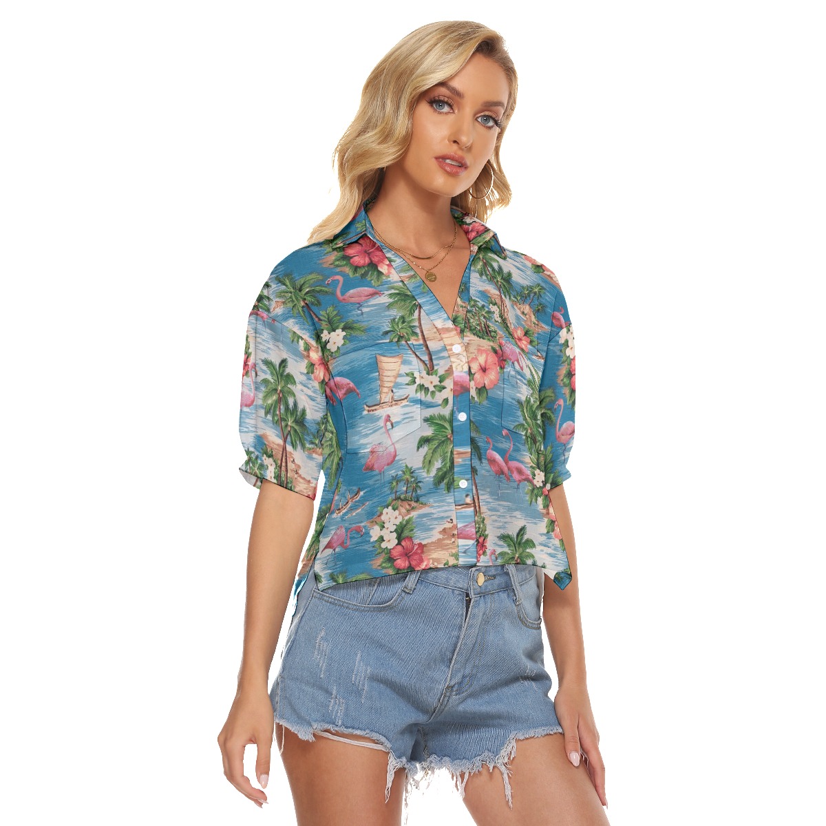 Tropical Flamingo Hawaiian Summer Crop Top Shirt For Women